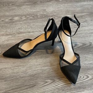 Kelly & Katie Black Pointed-Toe Ankle Strap Heels with Sheer Panels